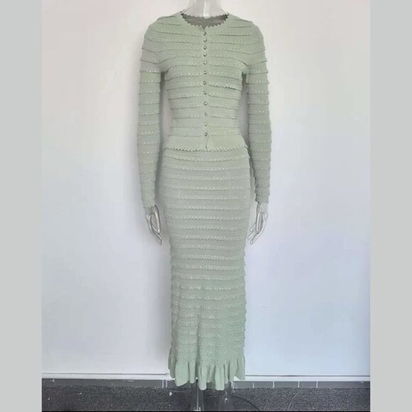 Women Ribbed Knit Two-Piece Set Round Neck Cardigan-Midi Skirt Mint Green Size M - Picture 3 of 17